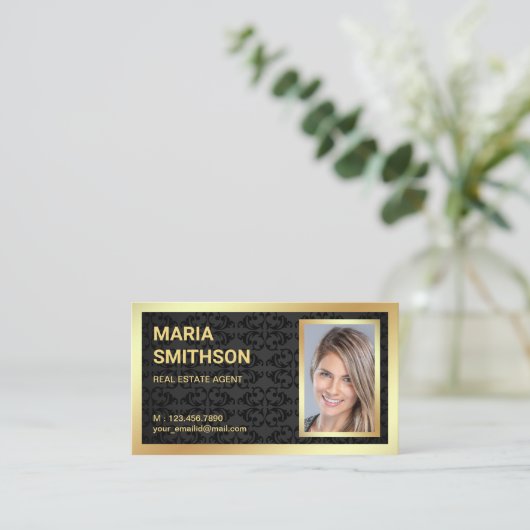 ブラックダマスクゴールドフォイル実在エステート不動産仲介業者写真 名刺 (スタンド正面)