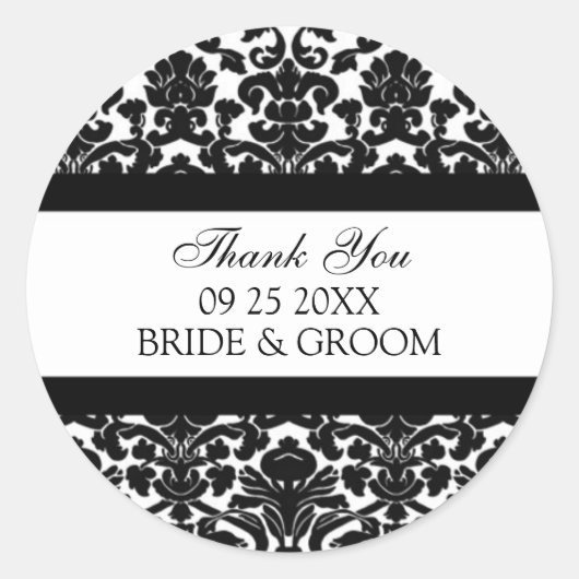 ブラックダマスクサンキューユー結婚式の引き出物ラベル ラウンドシール (正面)