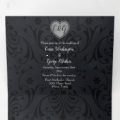 ブラックダマスクシルバーハート結婚ー 三つ折り招待状 (内部最初)
