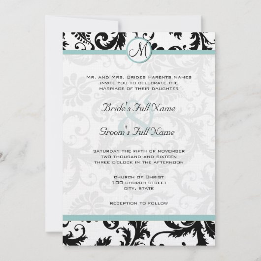 ブラックダマスクスワーズアクアトリム結婚式招待状 招待状 (裏面)