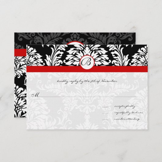 ブラックダマスクスワーズレッドトリム結婚式招待状 招待状 (正面/裏面)