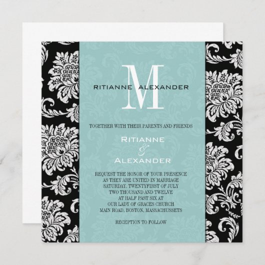 ブラックダマスクティファニーモノグラム結婚式招待状 招待状 (正面/裏面)