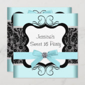 ブラックダマスクティール（緑がかった色）ブラックスウィート16バースデーパーティー 招待状 (正面/裏面)
