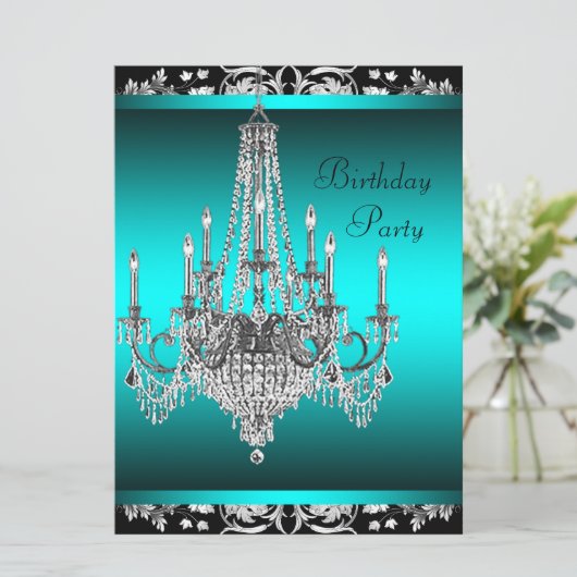 ブラックダマスクティール(緑がかった色)ブルーシャンデリアバースデーパーティー 招待状 (スタンド正面)