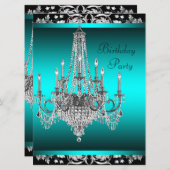 ブラックダマスクティール（緑がかった色）ブルーシャンデリアバースデーパーティー 招待状 (正面/裏面)