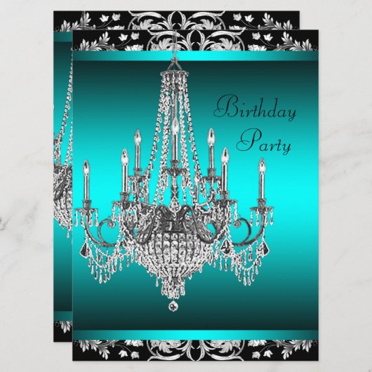 ブラックダマスクティール（緑がかった色）ブルーシャンデリアバースデーパーティー 招待状 (正面/裏面)