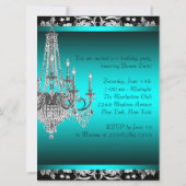 ブラックダマスクティール（緑がかった色）ブルーシャンデリアバースデーパーティー 招待状 (裏面)