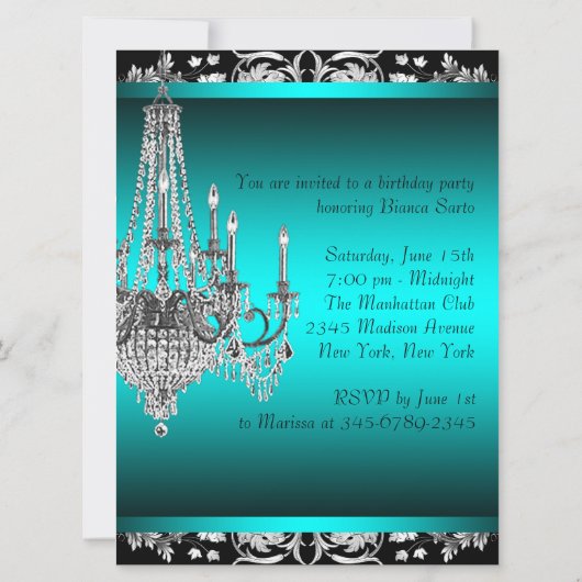 ブラックダマスクティール（緑がかった色）ブルーシャンデリアバースデーパーティー 招待状 (裏面)