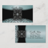 ブラックダマスクティール（緑がかった色）ブルービジネスカード 名刺 (正面/裏面)