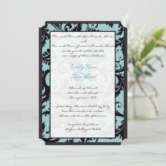 ブラックダマスクティール(緑がかった色)ブルー結婚式招待状 招待状 (スタンド正面)