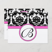 ブラックダマスクハートスワール明るいピンクのトリムRSVP 出欠カード (正面/裏面)