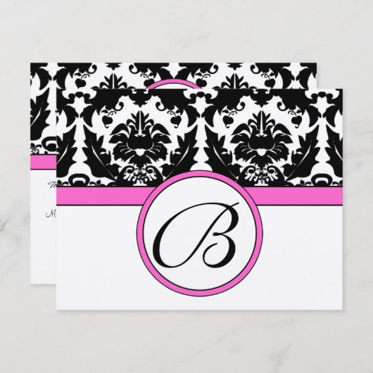 ブラックダマスクハートスワール明るいピンクのトリムRSVP 出欠カード (正面/裏面)