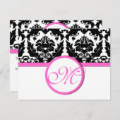 ブラックダマスクハートスワール明るいピンクのトリムRSVP 出欠カード (正面/裏面)