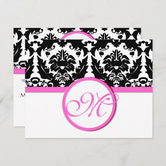 ブラックダマスクハートスワール明るいピンクのトリムRSVP 出欠カード (正面/裏面)