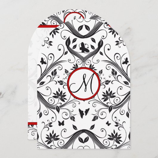 ブラックダマスクバタフライ渦巻き赤い結婚式招待 招待状 (正面/裏面)