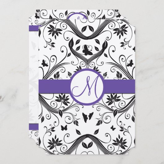 ブラックダマスクバタフライ渦巻き赤い結婚式招待 招待状 (正面/裏面)