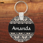 ブラックダマスクパーソナライズされたフローラ名キーチェーン キーホルダー (正面)