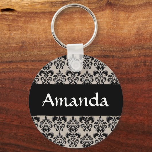ブラックダマスクパーソナライズされたフローラ名キーチェーン キーホルダー (正面)