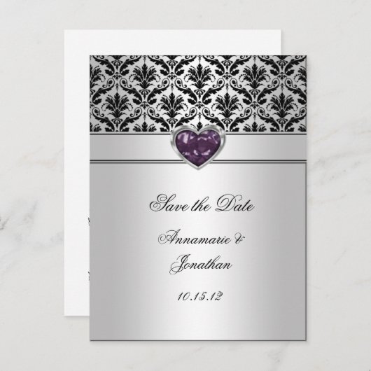 ブラックダマスクパープルジュエルハートシルバー Save The Da 案内ポストカード (正面/裏面)
