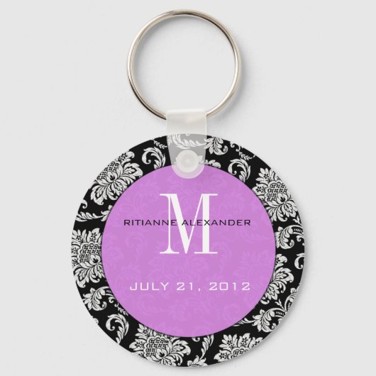 ブラックダマスクパープルモノグラム結婚ズキーチェーン キーホルダー (正面)
