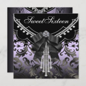 ブラックダマスクパープルSweet sixteenパーティー 招待状 (正面/裏面)