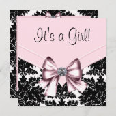 ブラックダマスクピンクとブラックベビーシャワー 招待状 (正面/裏面)