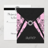 ブラックダマスクピンクエレガントブラックRSVP 出欠カード (正面/裏面)