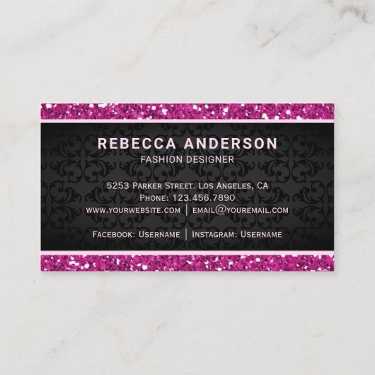 ブラックダマスクフェイクホットピンクグリッター王室のクラウン 名刺 (裏面)