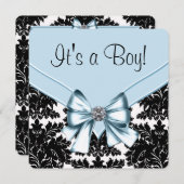 ブラックダマスクブルーとブラックベビーシャワー 招待状 (正面/裏面)