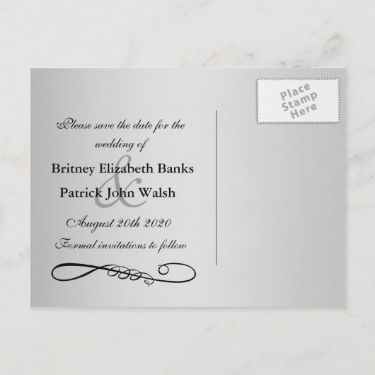 ブラックダマスクブルーウェディング日付を保存 案内ポストカード (裏面)
