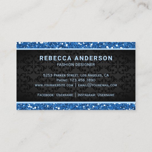 ブラックダマスクブルーフェイクグリッター王室のクラウン 名刺 (裏面)