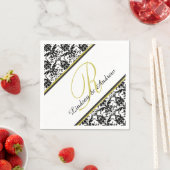 ブラックダマスクホワイト金ゴールドモノグラム結婚ズ スタンダードカクテルナプキン (インサイチュ)