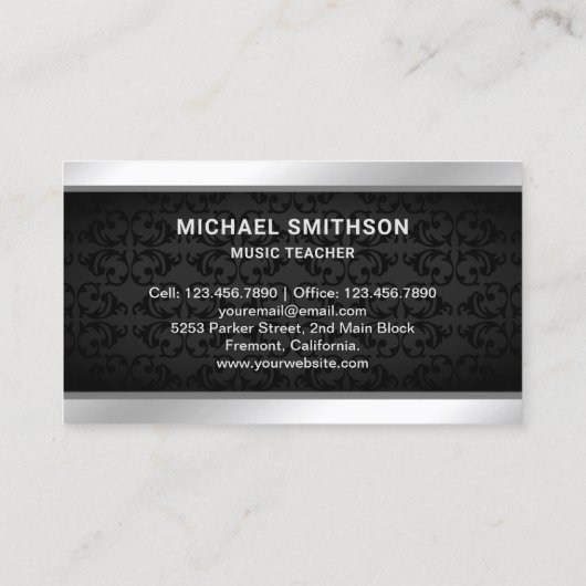 ブラックダマスクミュージック先生シルバードラムキットドラム 名刺 (裏面)