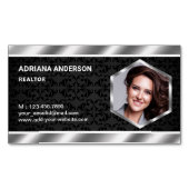 ブラックダマスクメタリックエステ実在ートフォト不動産仲介業者 マグネット名刺 (正面)