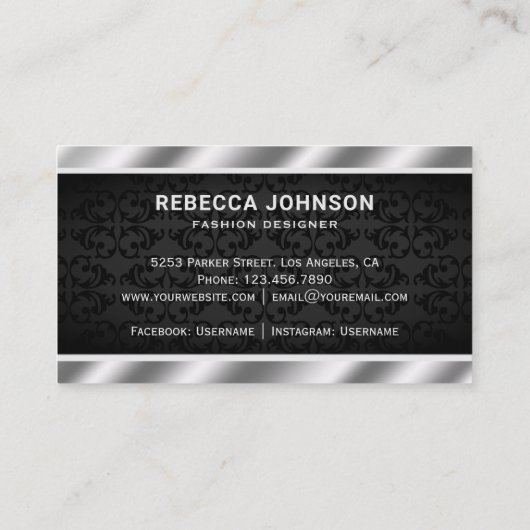 ブラックダマスクメタリックスチールシルバーのクラウン 名刺 (裏面)