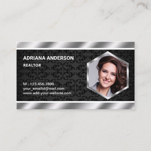 ブラックダマスクメタリック実在エステート写真不動産仲介業者 名刺 (正面)