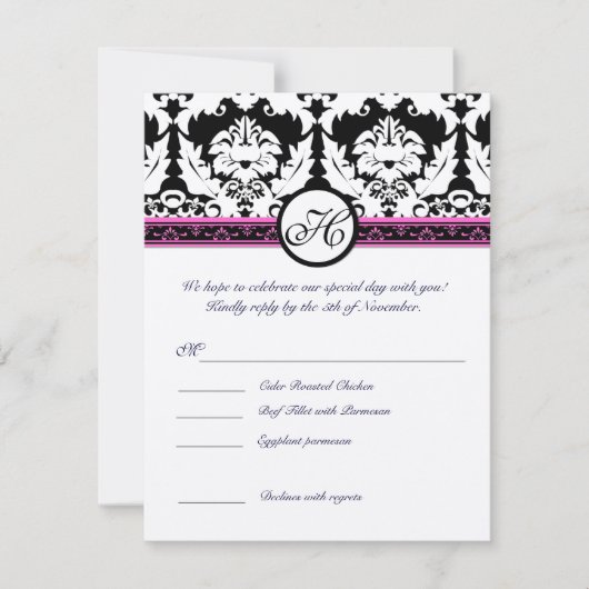ブラックダマスクモノグラムRSVPメニュー付き返信 招待状 (正面)