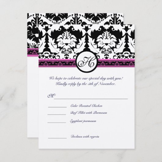 ブラックダマスクモノグラムRSVPメニュー付き返信 招待状 (正面/裏面)