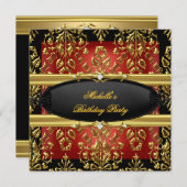 ブラックダマスクレッドバースデーパーティー金ゴールド2ダイヤモンド 招待状 (正面/裏面)