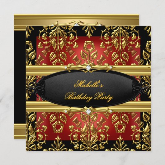 ブラックダマスクレッドバースデーパーティー金ゴールド2ダイヤモンド 招待状 (正面/裏面)