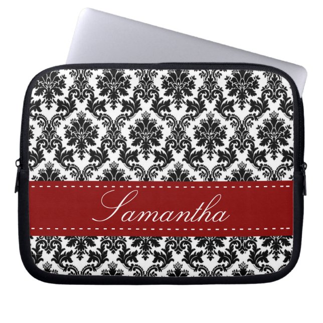 ブラックダマスクレースブロケードブロケードブロケード保護ケース ラップトップスリーブ (正面)