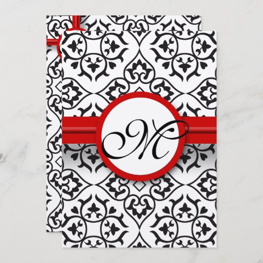 ブラックダマスク側縁どレッドト結婚リム 招待状 (正面/裏面)