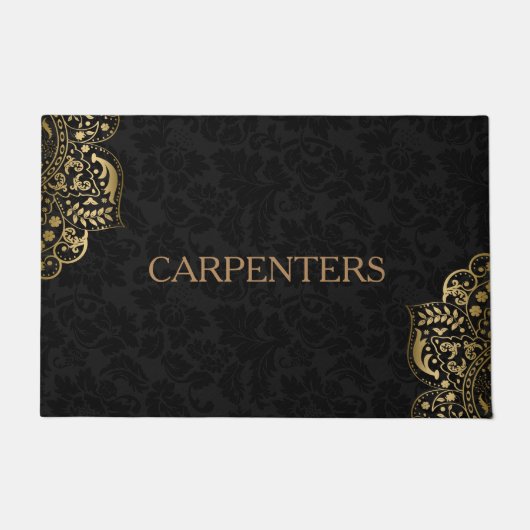 ブラックダマスク及び金ゴールドフローラレース ドアマット (正面)