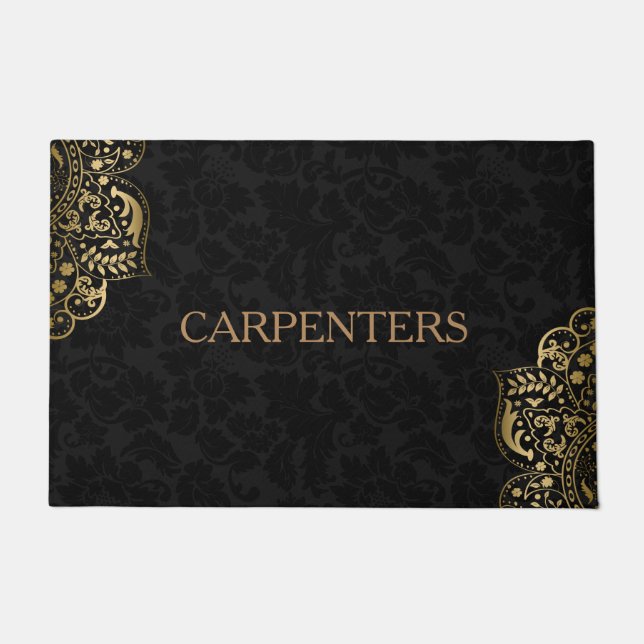 ブラックダマスク及び金ゴールドフローラレース ドアマット (正面)