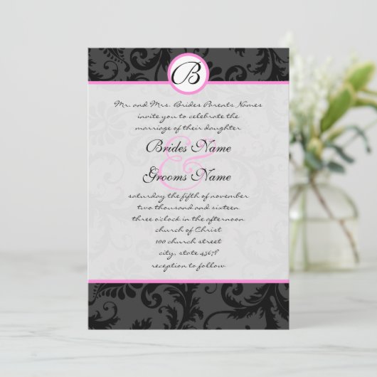 ブラックダマスク渦巻きピンクのトリム結婚式招待状 招待状 (スタンド正面)