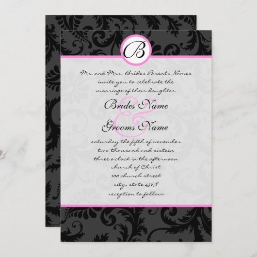 ブラックダマスク渦巻きピンクのトリム結婚式招待状 招待状 (正面/裏面)