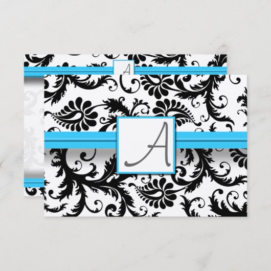 ブラックダマスク渦巻き明るいアクア浮き上がりトリム 出欠カード (正面/裏面)