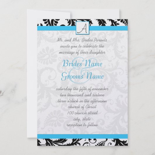 ブラックダマスク渦巻き軽明るいアクアトリム 招待状 (裏面)