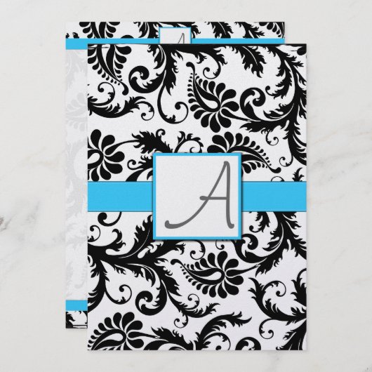 ブラックダマスク渦巻き軽明るいアクアトリム 招待状 (正面/裏面)