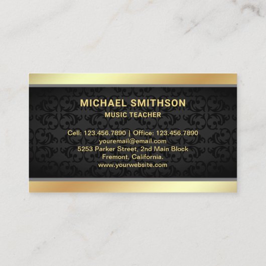 ブラックダマスク金ゴールドギターミュージック先生ギタリスト 名刺 (裏面)